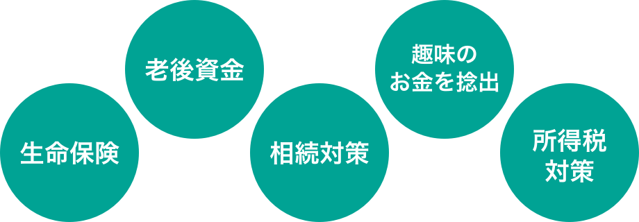 生命保険 / 老後資金 / 相続対策 / 趣味のお金を捻出 / 所得税対策
